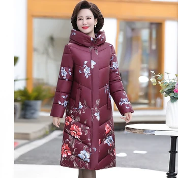 Жените 2021 Зимна мода Дълги палта на памучна подплата Женски Свободни топло яке за средната възраст на Жените палто с качулка с принтом