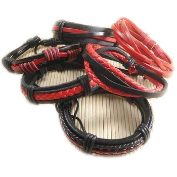 Ръчно изработени Фини търговци на едро 6 бр./лот етнически племенни автентични регулируеми червени и черни кожени гривни за жени-S39
