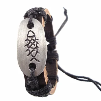Случайни Нов Arrial Ръчно изработени Символ на Риба Чар Коноп Въже от естествена кожа Женски Мъжка Гривна Реколта Пънк Дамски Бижута на Едро