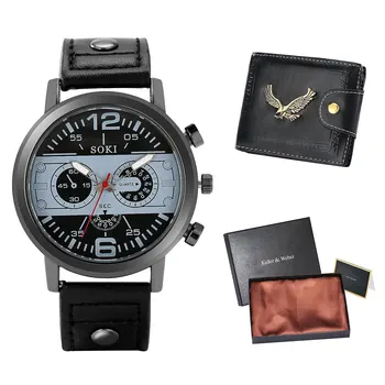 Ръчен часовник за мъже Кварцов часовник от неръждаема стомана, Кожени портфейли Подаръчен комплект за Hunsband Модерни Спортни Мъжки часовници Набор от