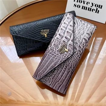 Нов дамски дълъг чантата с крокодиловым модел Портмоне за монети от по-мека кожа на Чантата-клатч Голям Капацитет Мултифункционален портфейл