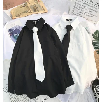 2021 Черно-бяла блуза с пуговицей за вратовръзка Блузи с дълъг ръкав Джобове Градинска Офис облекло Корейски дрехи Ежедневна Блуза, Топ