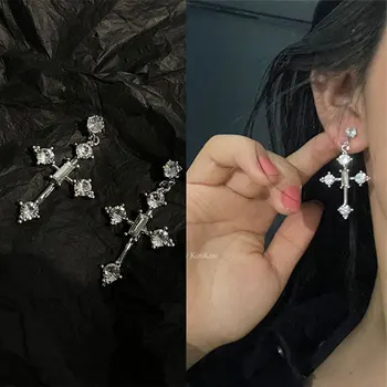 Модерни обеци-халки от планински кристал за жени, Луксозни асиметрични обеци-карамфил с кръст, висящи обеци за мъже, бижута в стил хип-хоп