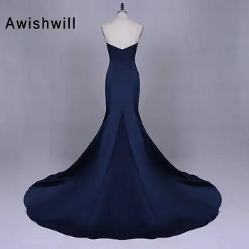 Модерен тъмно синя рокля на Русалка за бала Атласное без ръкави, с дължина до пода Секси вечерна рокля с широк влак Празнична вечерна рокля 2020