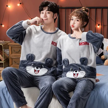 2020 Зимни двойка с дълъг ръкав Дебели топли фланелен пижамные комплекти за жени Сладък Карикатура Коралов кадифе Пижами за Мъже домашно облекло