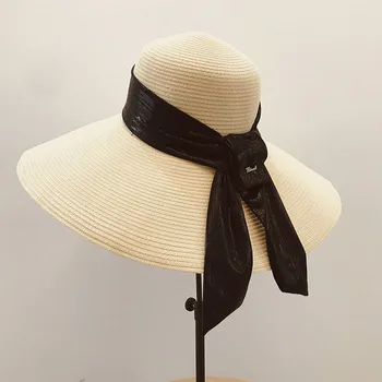 2020 Нови елегантни летни шапки с голяма периферия, Сламена шапка с лентови вериги шалче, шапка за възрастни, Солнцезащитная шапка, UV-защита, Плажна шапка, Модни дамски шапка Kuntucky Дерби