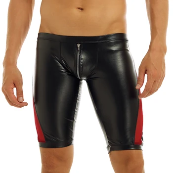 Секси мъжки костюми от изкуствена кожа с цип, мрежа в перинеума, прозрачен сращиванием, ниски засаждане, облегающими обтягивающими боксерскими къси панталони, Вечерни клубна облекло