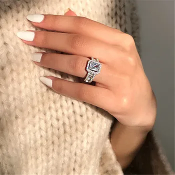 Луксозни Квадратни Големи пръстени с цирконии Дамски Сребрист бижута Реколта Пръстени за жени С диамантени Годежни пръстени с обещания за Женски Дамски пръстени