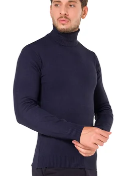 Мъжки облегающая Тъмно синьо поло с висока яка Зимен пуловер