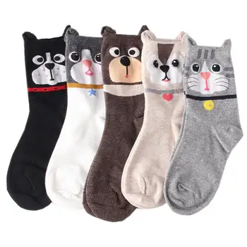 Любимите ми чорапи с мультяшными животни дамски памучни къси тръби глезена котка куче котка шарени годишният чорап за момичета дама ежедневното рокля 5 двойки/лот