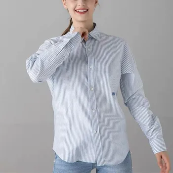 Памук Дамски раирана блуза с бродерия усмивка, с дълъг ръкав Проста модни дамски риза Топ 2021 Нова