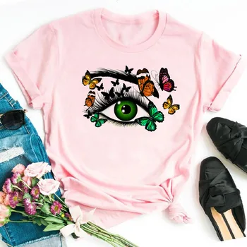 Дамски модни тениска с принтом на миглите-пеперуди Тениска Дамски Нова хубава графична тениска Дамска тениска с къс ръкав и кръгло деколте Върховете тениска