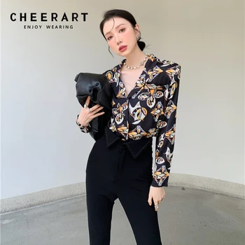 CHEERART Есен 2021 Сатен риза с дълъг ръкав за жени Дизайнерски топ и блуза, Риза с яка, копчета Ново отивате в корейски стил