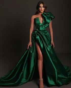 Зелени елегантни вечерни рокли с едно рамо Буйни вечерни рокли без ръкави за абитуриентски бал, Банкет по поръчка Странични разрези с Дължина до Пода 2022New