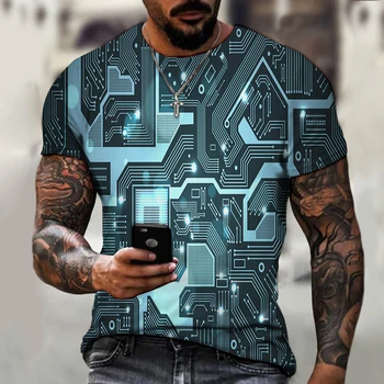 нова тениска с електронен чип в стил хип-хоп за мъже и жени с 3D машинно печат негабаритная риза в стил Харадзюку с къс лягане