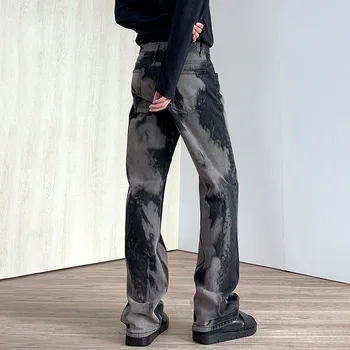 2021 Ново записване Вратовръзка Коса Ретро Стираные мъжки дънки в стил хип-хоп Панталони Проблемни Директни Тъмно синьо Реколта дънкови панталони Spodnie