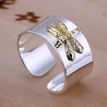 търговия на едро с коварен посеребренное пръстен посребрени бижута, модни златни пръстени с стрекозой за жени/мъже SR011