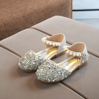 Детски кожени обувки с кристални пайети и перли Принцеса за момичета Вечерни танци Детски обувки за изпълнения на Детски ежедневни студентски сандали на равна подметка