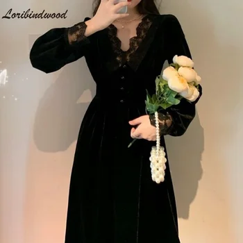 2021 Ново женствена рокля Черно дантелено рокля с V-образно деколте и дълги ръкави, Темпераментен талия и тънък дамски поли, вечерни дрехи реколта