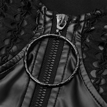 Пънк-РЕЙВ Женски готик секси странично съкратен топ с открити рамене Пънк-Рок Выдалбливают Ръкави Отпред с цип Игриви и черни къси тениски