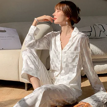 Пижами дамски копринени нощница с дълъг ръкав, комплект жаккардовой решетки от висококачествени коприна лед могат да се носят извън дома, облечен в пижама