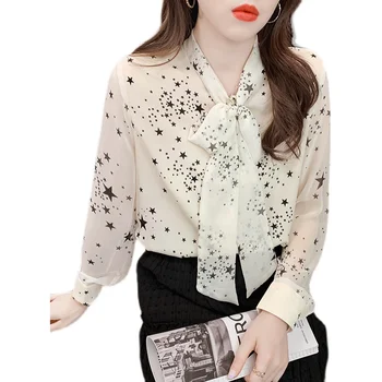 Шифоновые свободни женски ризи Новата модерна блуза с принтом копчета на Риза с папийонка Есенна Ежедневно с дълъг ръкав Blusas Houthion
