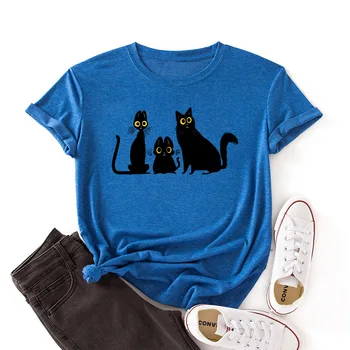 JFUNCY Плюс Размер Тениска с къс ръкав за жени памучни тениски Забавен Анимационен Котка Тениска с принтом Летни дамски потници Дамски тениска