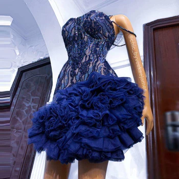 Уникални сини апликации от мъниста Къси коктейлни рокли до коляното Тюл Русалка Рокли за бала Секси рокля, за партита на известни личности в Африка Плюс
