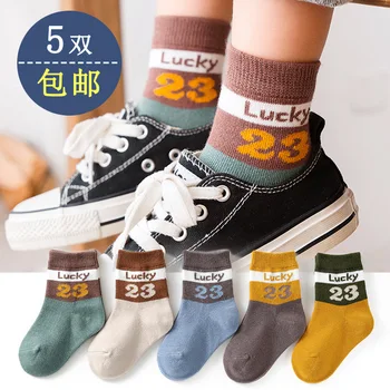 5 Чифта детски чорапи Памучни Спортни чорапи за момичета Есен-пролет Детски топли къси чорапи в мультяшную ивица WMF063