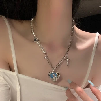 MENGJIQIAO 2021 Модно Винтажное нарушения на сърдечния перлена огърлица за жени, елегантно метално синьо сърце, медальон, огърлица, вечерни украса