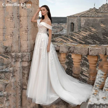Vestidos De Новия за Сватбена рокля с открити рамене Тюл Трапециевидные рокли за булката с широк влак Романтични дантелени апликации Сватбени рокли