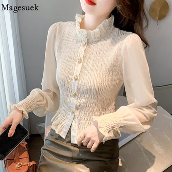 2021 Нова облегающая плиссированная елегантна блуза Модерен есенно-зимни кадифе дамска риза с дълъг ръкав Жена топ 17674