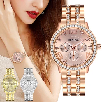 Модерен дамски часовник Bling Geneva Дамски кварцови часовници с кристали и диаманти Женски Relogio Feminino за жени, Подарък за часовници