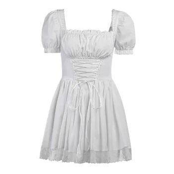Сладко сладко рокля с пищни ръкави, показващо гърдите, бяло дантелено обтягивающее дантелено принцеса рокля с волани, Секси рокля с дълъг ръкав с открити рамене