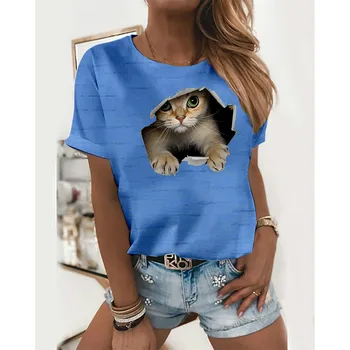 2021 Годишна жена сладък котка с 3D принтом, тениска с кръгло деколте, Всекидневни пуловер с къс ръкав, модерен уличен топ полиестер