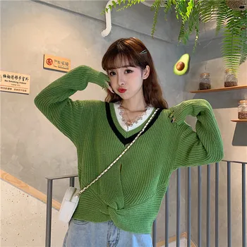 Kpop Корея знаменитост черно вязаный пуловер с V-образно деколте Дамски дрехи тънък пуловер Върховете корейски Ежедневни бели есенни топли пуловери