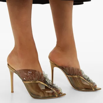 дамски модни секси дамски чехли Голям размер От златисто Лачена кожа, Пришити от Pvc, Прозрачни къдри, Сандали на високи токчета, обувки-лодка