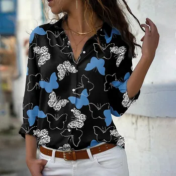 Блузи с принтом пеперуди за жени с отложным яка и дълъг ръкав Елегантен Офис дамски Ежедневни блузи Модерен риза Плюс размер Blusas