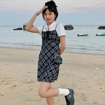 Комплекти за жени с къс ръкав Выдалбливают тениски Мини каре рокли на дантела-Тънка Корейски стил Популярни Нови Постъпления Универсална мода