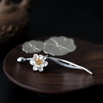 S925 сребро Китайски стил цвете яка жени темперамент скъпа клонка лотос брошка женски ретро етнически литературен стил