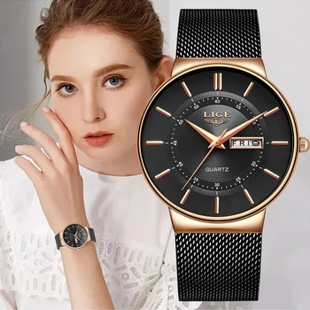 Марка LIGE Дамски часовници Модни Кръгли дамски кварцов часовник Гривна Набор от Черен циферблат Проста мрежа от розово злато Луксозни Relogio Feminino