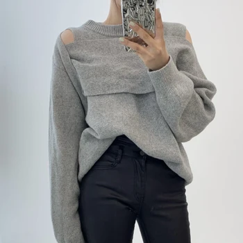 Кимотимо Дизайнерски пуловер за жени Корейски шик многослоен пуловер с открити рамене, пуловер, есен-зима, възли пуловери с дълги ръкави