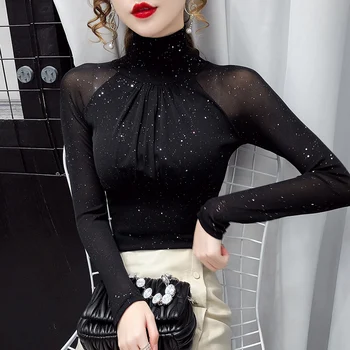 Новата есенна женска тениска 2021 г., Модни и Ежедневни поло с дълъг ръкав, черни мрежести капаци, високо качество секси ретро-риза