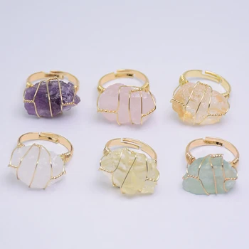 Естествен Камък Лилаво Crystal Пръстени За жени, Момичета Метална Обвивка Изцеление Нередовен Флуорит Златен цвят С Възможност за Промяна на Размера на Пръстен на пръста си Бижута