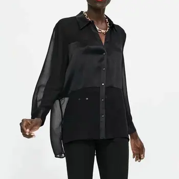 2021 Нови летни дамски Реколта черни вечерни свободни сатенени блузи, Ризи Офис дамски елегантни работни поплиновые блузи с дълъг ръкав и копчета