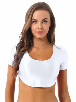 Секси жени Гланц Извити Подгъва Съкратен Топ Тениска с къс ръкав, с кръгло деколте Облегающая блуза на корема