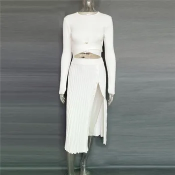 WJFZQM Есен зима вязаный тънък обикновен костюм от две части За жените плиссированная панталон с еластична талия + Пуловер с дълъг ръкав и кръгло деколте Костюм