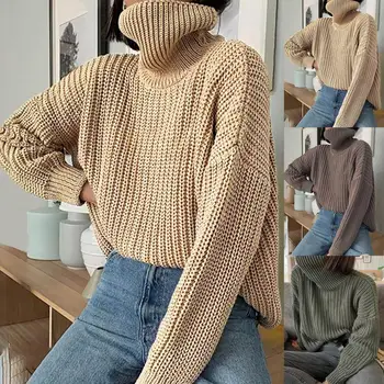 Жена пуловер однотонного тъкат, Обикновен пуловер с висока воротом, Свободен ден за ден вязаный пуловер в голям размер за Есен-зима