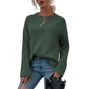 През цялата силует жилетка копчета пуловер женски есенно-зимния вязаный пуловер с намаляване на однобортный обикновен бял пуловер каки с дълъг ръкав
