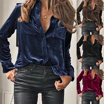 2022 Дамски пролетно-есенна мода кадифе риза с дълъг ръкав Риза с копчета Работно облекло Mujer Блуза Елегантен офис дамски туника Топ